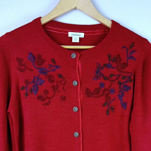 Sundance SZ PS Red Embroidered & Beaded Betty Cardigan Sweater Wool Blend - Picture 3 of 6